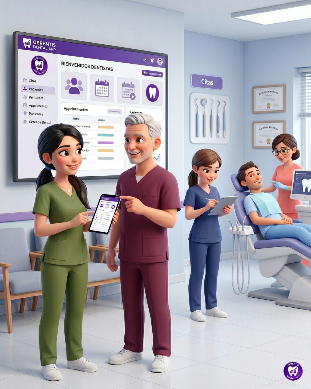 Equipo de odontólogos usando la plataforma GerentisDental en una clínica dental
