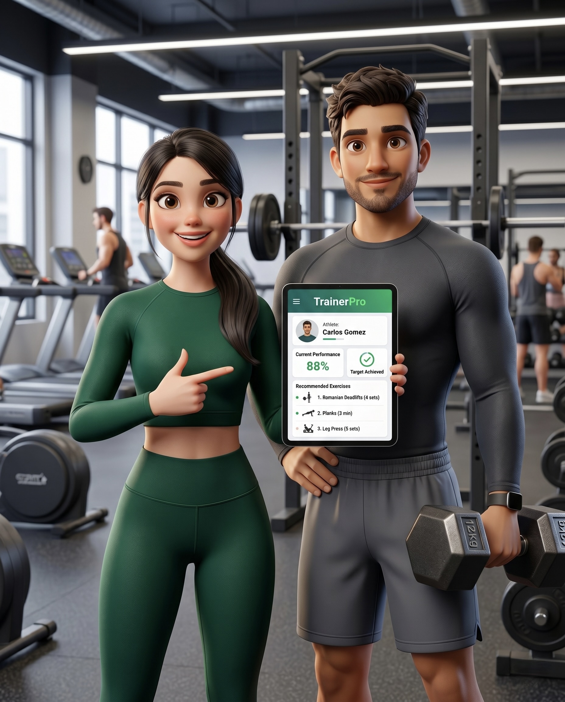 Entrenadores personales usando la app GerentisTrainerPro en un gimnasio
